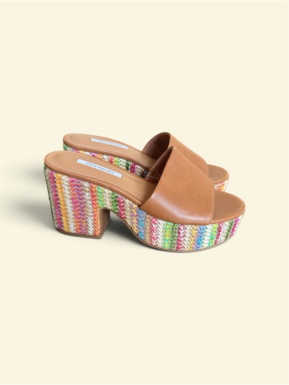 Steve Madden Tan Platform Slide Mules with Rainbow Woven Heel